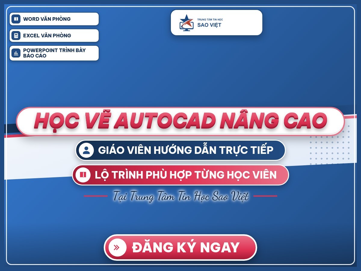 Poster “Học vẽ AutoCAD nâng cao” trên nền thương hiệu Trung Tâm Tin Học Sao Việt.