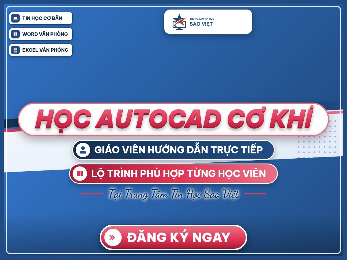 Poster khai giảng Học AutoCAD cơ khí trên nền thương hiệu xanh và hồng của Trung Tâm Tin Học Sao Việt.