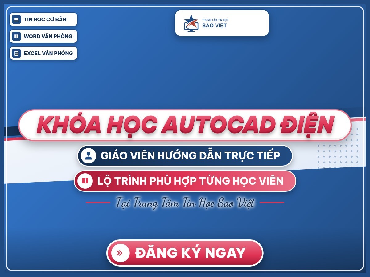 Poster “Khóa học AutoCAD điện” trên nền thương hiệu xanh dương và hồng của Trung Tâm Tin Học Sao Việt.