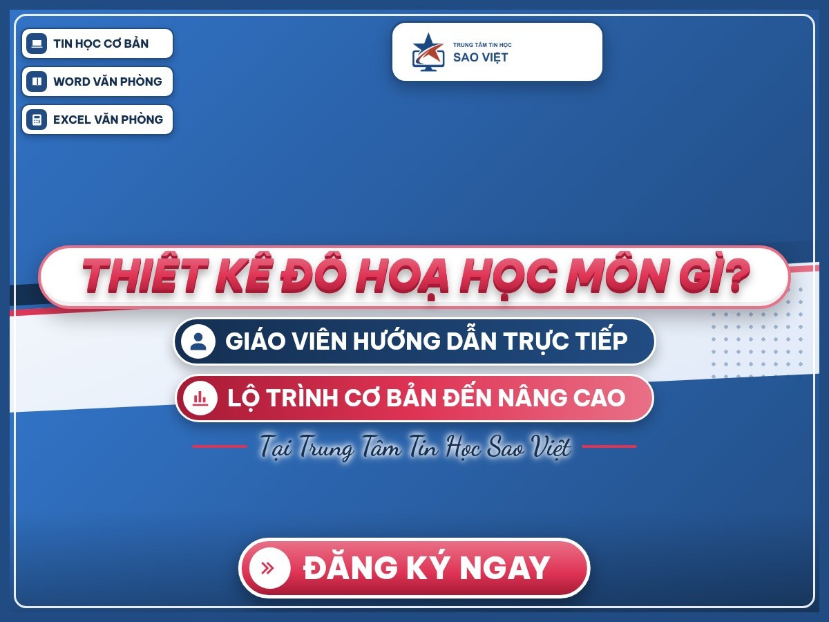 Poster “Thiết kế đồ hoạ học môn gì?” trên nền thương hiệu xanh, hồng của Trung Tâm Tin Học Sao Việt.